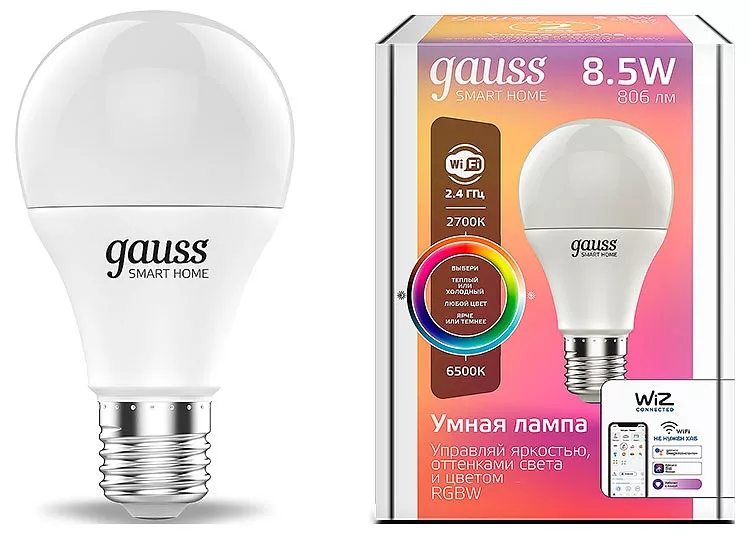 Лампа светодиодная диммируемая Gauss Smart Home E27 8,5W 2700-6500K RGBW матовая 1170112
Лампа светодиодная диммируемая Gauss Smart Home E27 8,5W 2700-6500K RGBW матовая 1170112