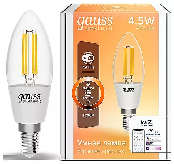 Лампа светодиодная диммируемая филаментная Gauss Smart Home Filament E14 4,5W 2700K прозрачная 1230112
Лампа светодиодная диммируемая филаментная Gauss Smart Home Filament E14 4,5W 2700K прозрачная 1230112