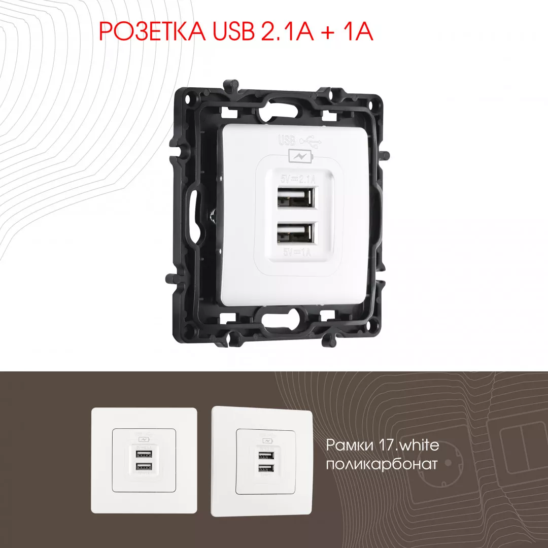Розетка USB 2.1А+1А Arte Milano 217.46-1.white
Розетка USB 2.1А+1А Arte Milano 217.46-1.white
