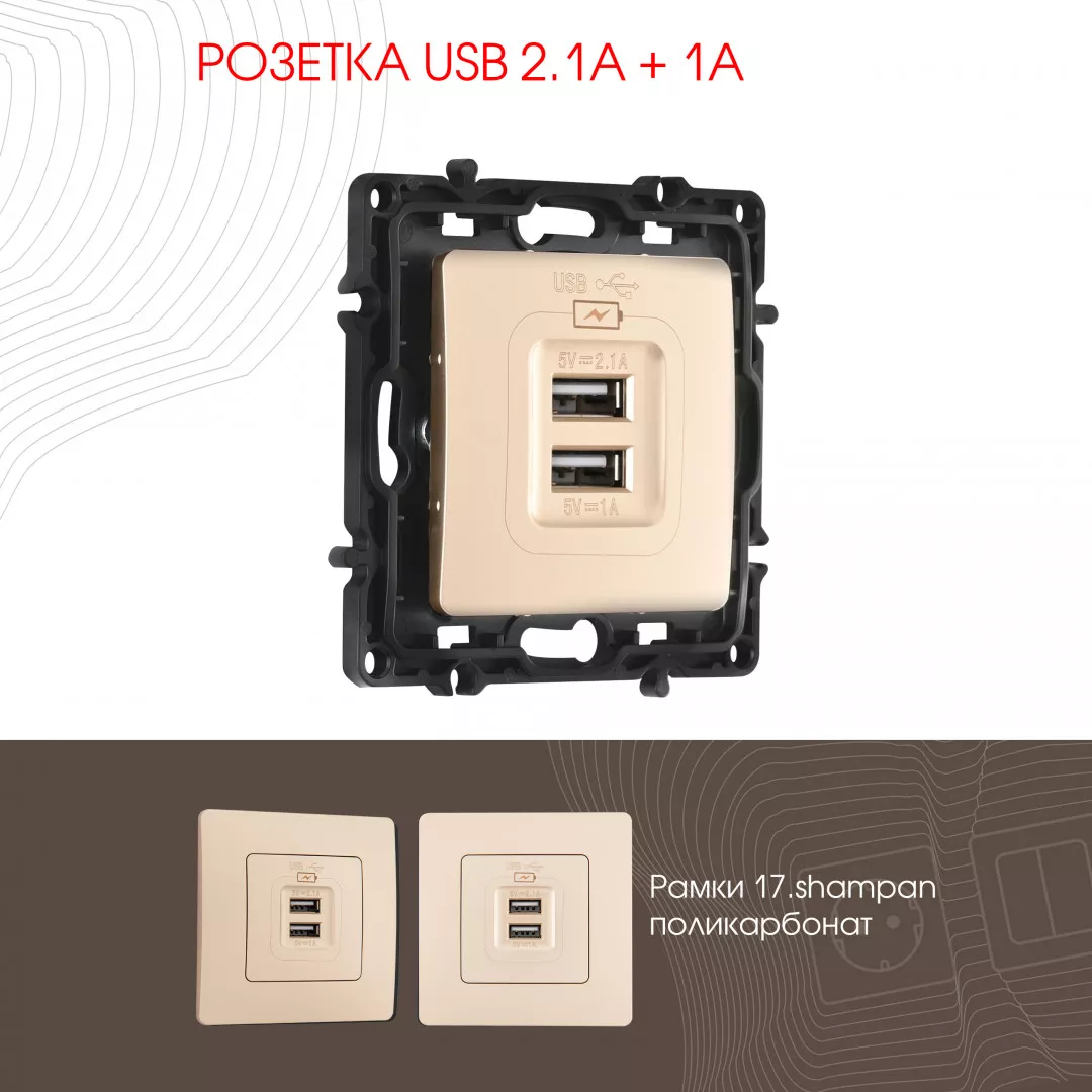 Розетка USB 2.1А+1А Arte Milano 217.46-1.shampan
Розетка USB 2.1А+1А Arte Milano 217.46-1.shampan