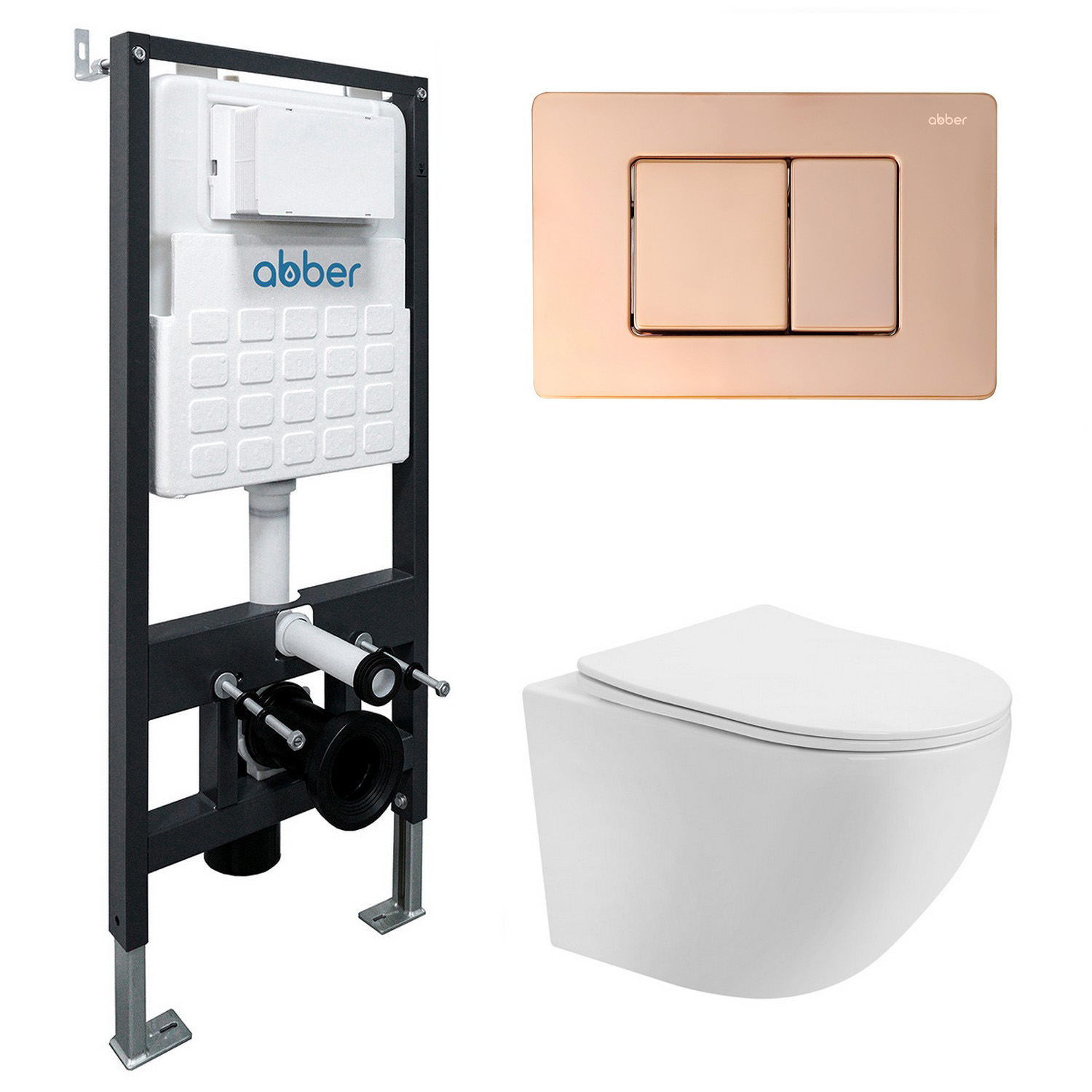 Комплект 4 в 1 Abber Bequem AC1100T-AC0105-AC0120RG Унитаз подвесной безободковый, с микролифтом + Система инсталляции + Кнопка смыва розовое золото
Комплект 4 в 1 Abber Bequem AC1100T-AC0105-AC0120RG Унитаз подвесной безободковый, с микролифтом + Система инсталляции + Кнопка смыва розовое золото