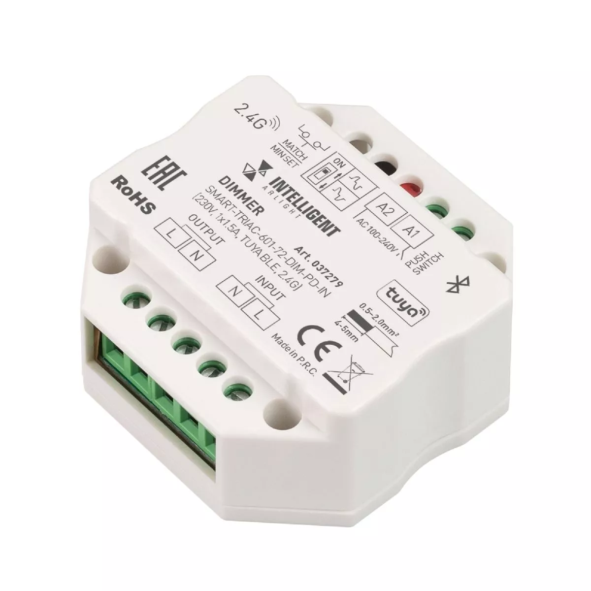 Диммер Arlight SMART-TRIAC-601-72-DIM-PD-IN (230V, 1x1.5A, TUYA BLE, 2.4G) 037279
Диммер Arlight SMART-TRIAC-601-72-DIM-PD-IN (230V, 1x1.5A, TUYA BLE, 2.4G) 037279