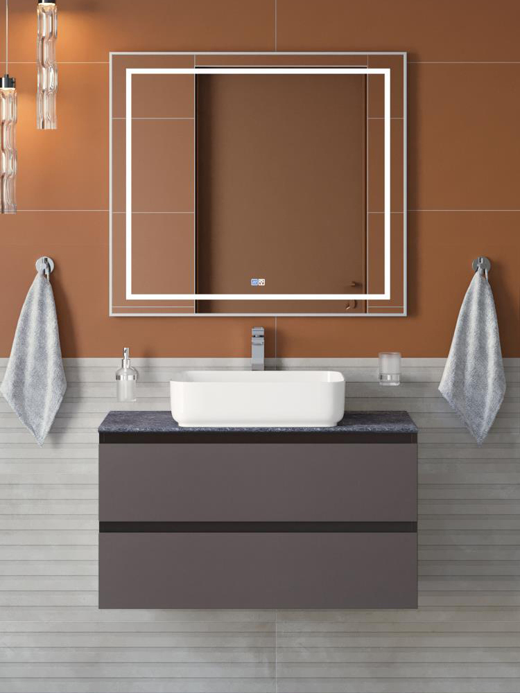 Мебель для ванной комнаты BelBagno Kraft 100 подвесная, матовая темно-серая, столешница kep-100-grn, раковина BB1304