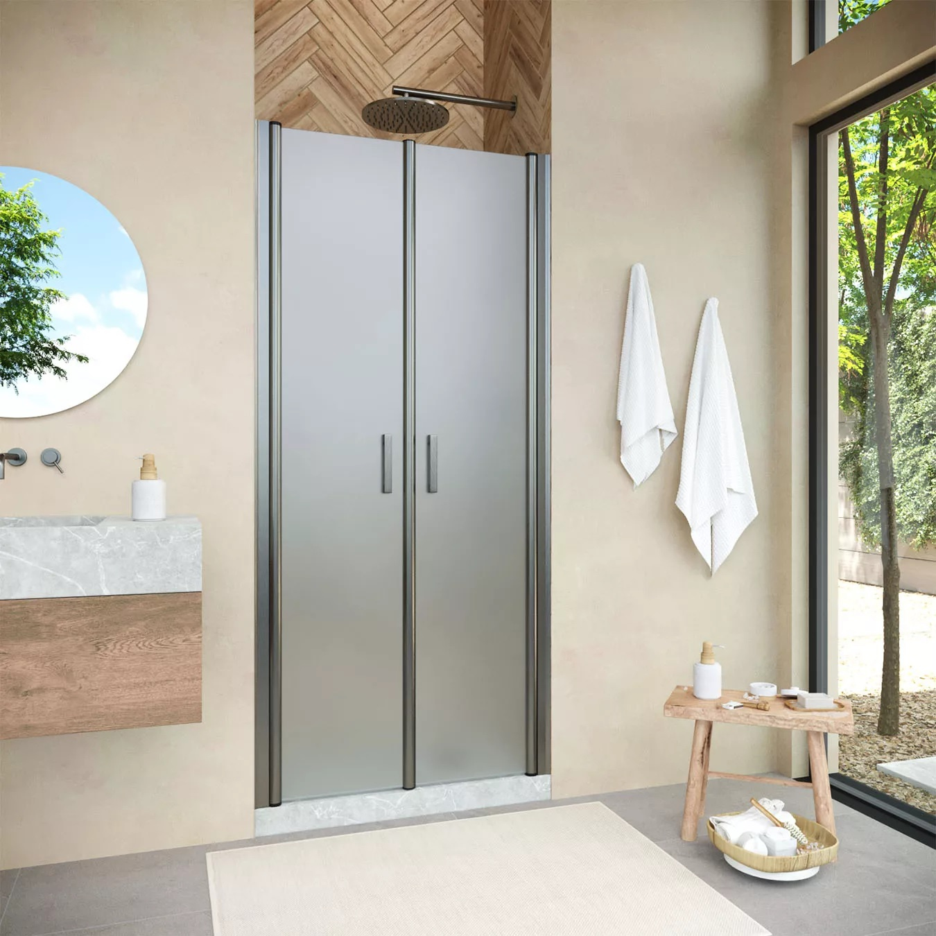 

Душевая дверь в нишу Vegas Glass E2P Novo 70 11 10 профиль оружейная сталь, стекло сатин