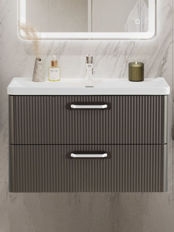 

Тумба с раковиной BelBagno Due 80 ручки белые, оружейная сталь