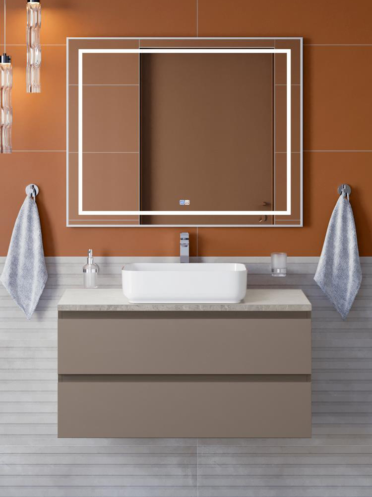 

Мебель для ванной комнаты BelBagno Kraft 100 подвесная, матовая бежевая, столешница kep-100-mgl, раковина BB1304