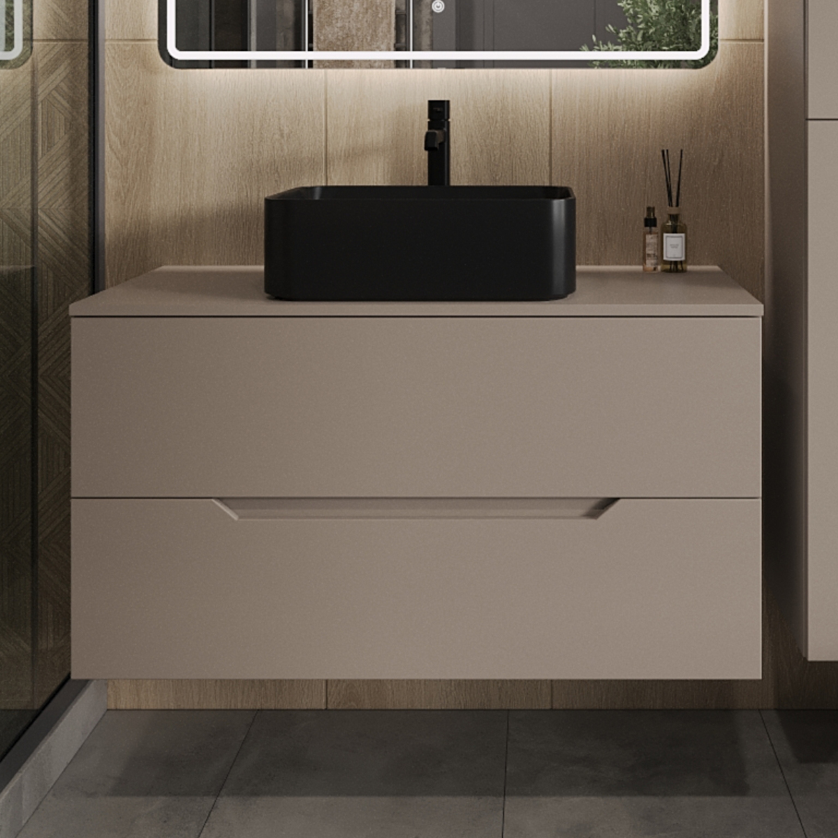 

Тумба с раковиной Orange Line 100 подвесная, 2 ящика, матовый латте с раковиной B02-460MB