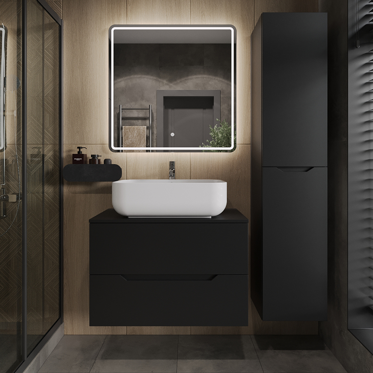 

Мебель для ванной комнаты Orange Line 80 подвесная, 2 ящика, матовая черная с раковиной B03-600W