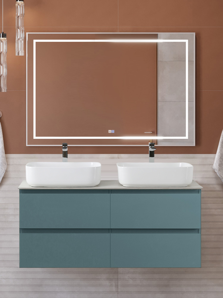 

Мебель для ванной комнаты BelBagno Kraft 120 подвесная, матовая голубая, столешница kep-120-2-cem, раковина BB1304, для двоих