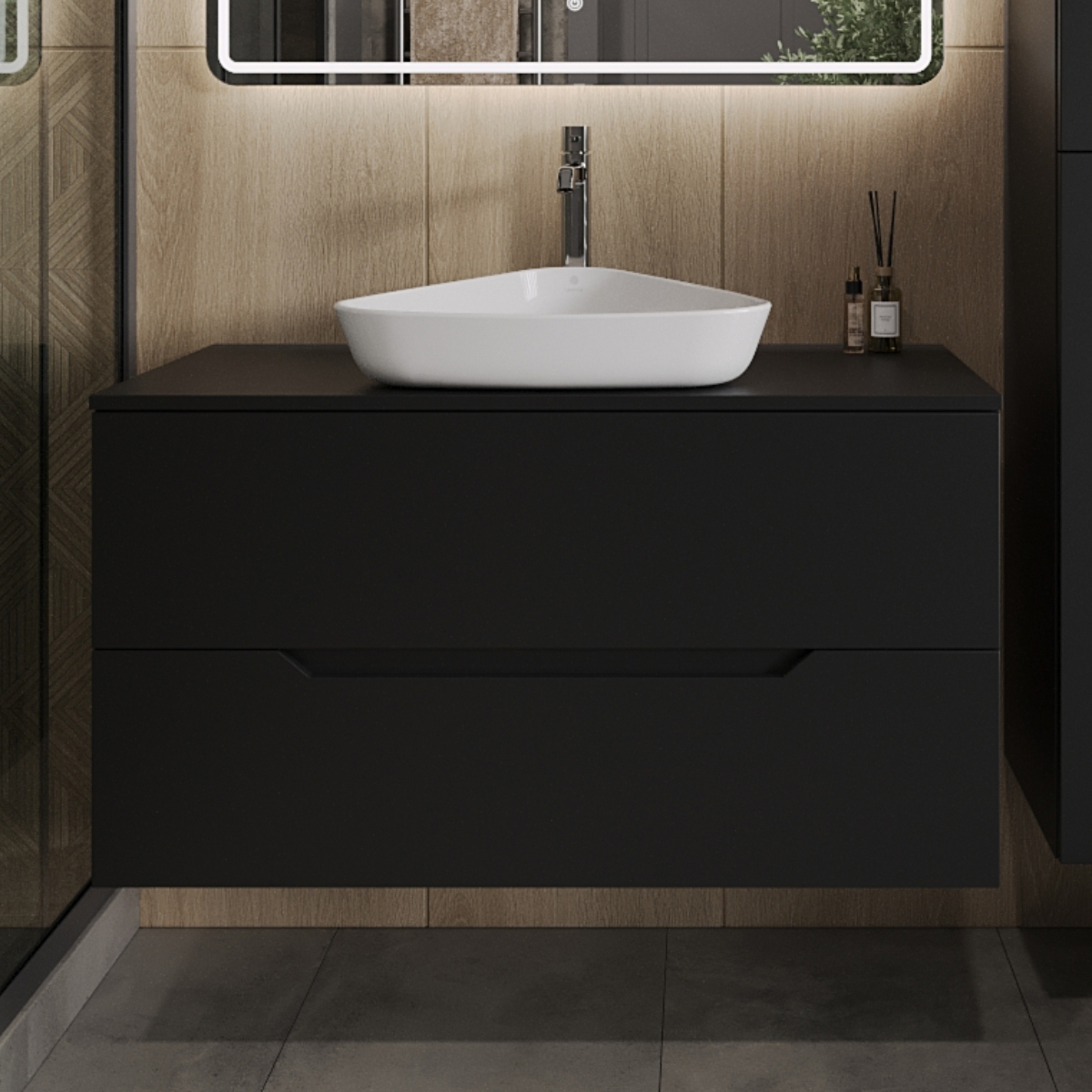 

Тумба с раковиной Orange Line 100 подвесная, 2 ящика, матовая черная с раковиной B07-500W