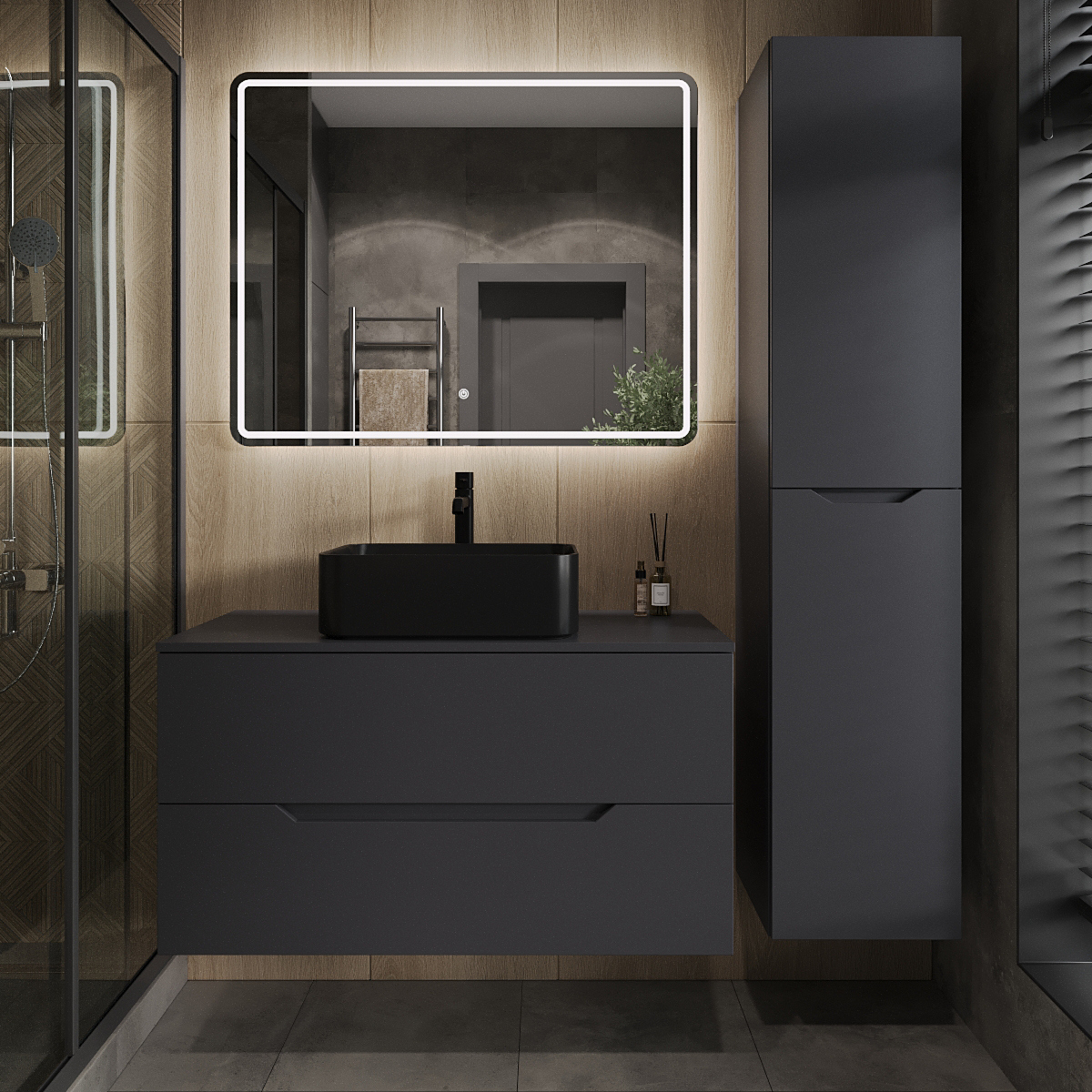 

Мебель для ванной комнаты Orange Line 100 подвесная, 2 ящика, матовый графит с раковиной B02-460MB