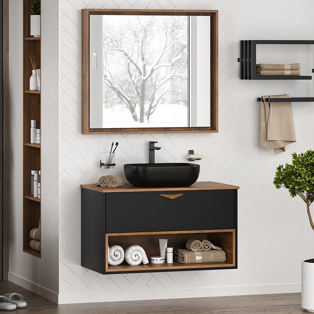 Мебель для ванной комнаты Brevita Bergen 90 подвесная с подсветкой дуб галифакс олово черный 43668₽