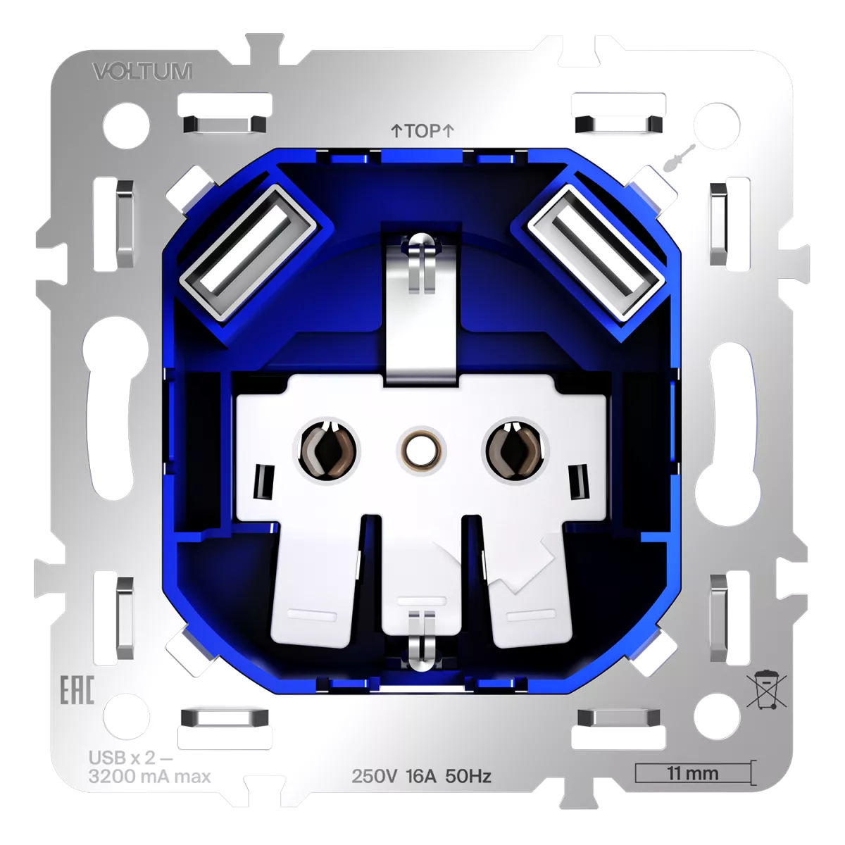 

Механизм розетки с заземлением и защитными шторками 16А, с USB A+A Voltum S70 VLS0404M