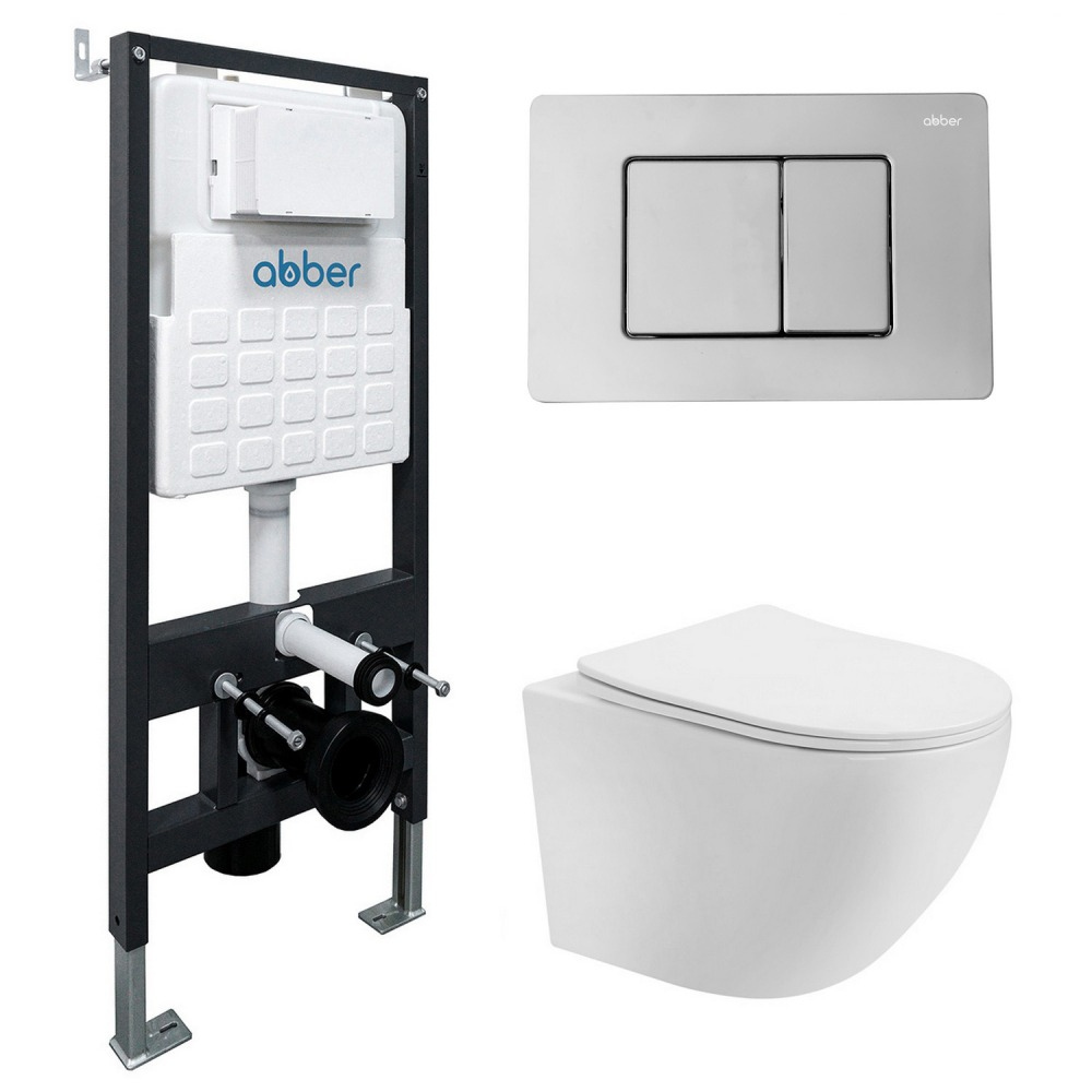 Комплект 4 в 1 Abber Bequem AC1100T-AC0105-AC0120 Унитаз подвесной безободковый с микролифтом Система инсталляции Кнопка смыва хром 31000₽