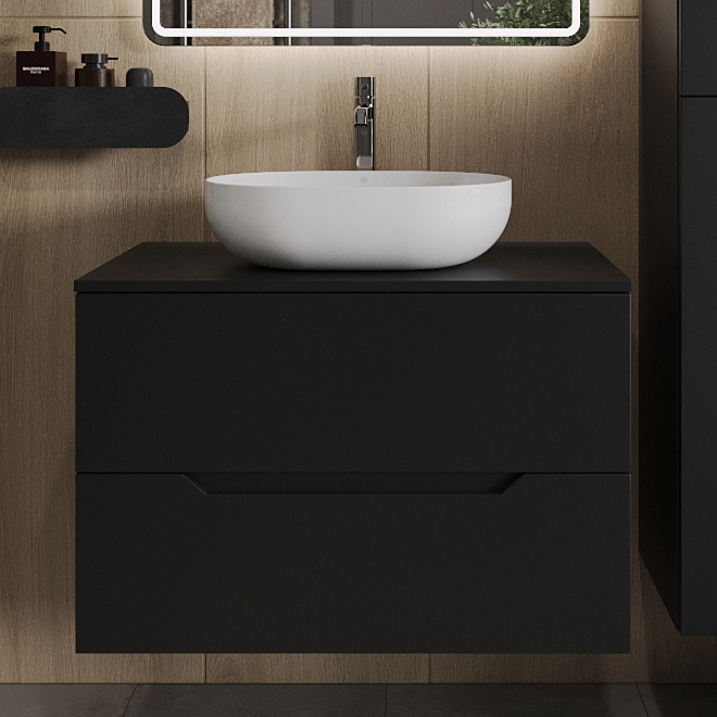 

Тумба с раковиной Orange Line 80 подвесная, 2 ящика, матовая черная с раковиной B05-480W