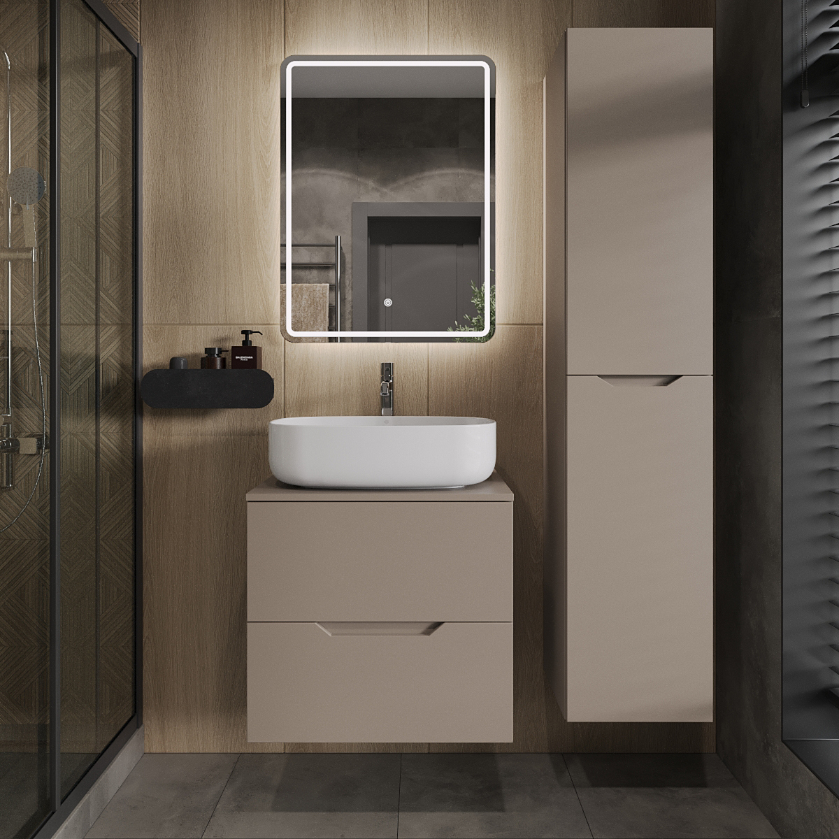 

Мебель для ванной комнаты Orange Line 60 подвесная, 2 ящика, матовый латте с раковиной B07-540W