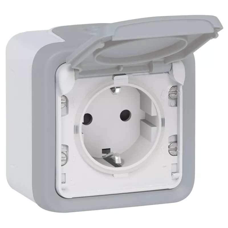 

Розетка 2К+З Legrand Plexo 16A 250V с крышкой немецкий стандарт серая 069733