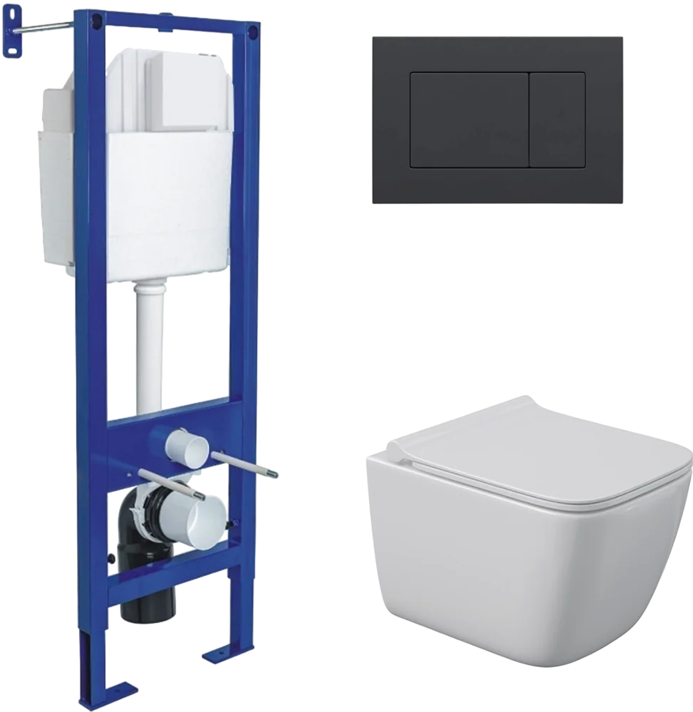 

Комплект унитаза Quattro S Rimless с инсталляцией Atom белый, с сиденьем микролифт и клавишей смыва soft touch черный матовый