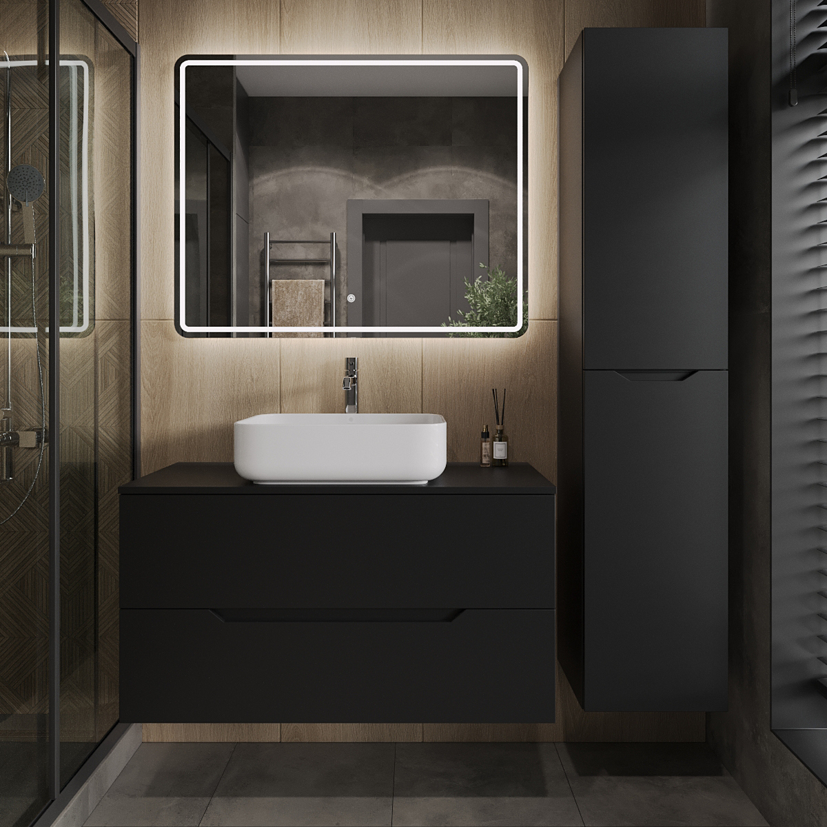 Мебель для ванной комнаты Orange Line 100 подвесная 2 ящика матовая черная с раковиной B05-500W 54060₽