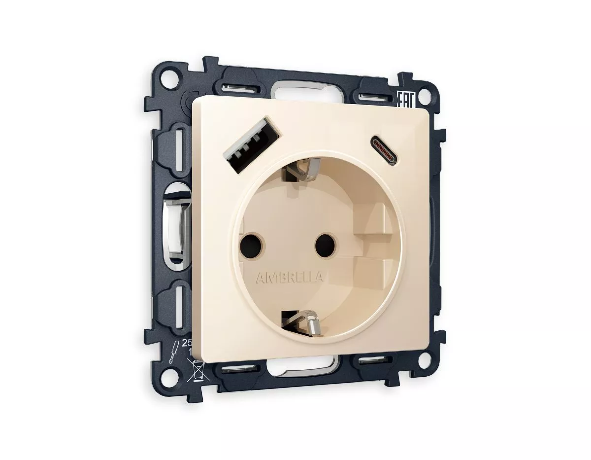 

Комплект механизма розетки 2USB A+C 20W (быстрая зарядка) с/з Ambrella Volt Alfa MA310010