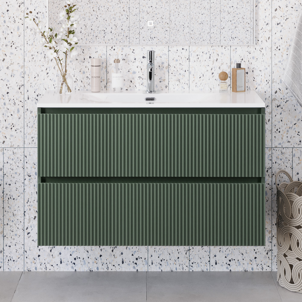 

Тумба с раковиной BelBagno Uno-mini 100 подвесная, 2 ящика, матовая еловая