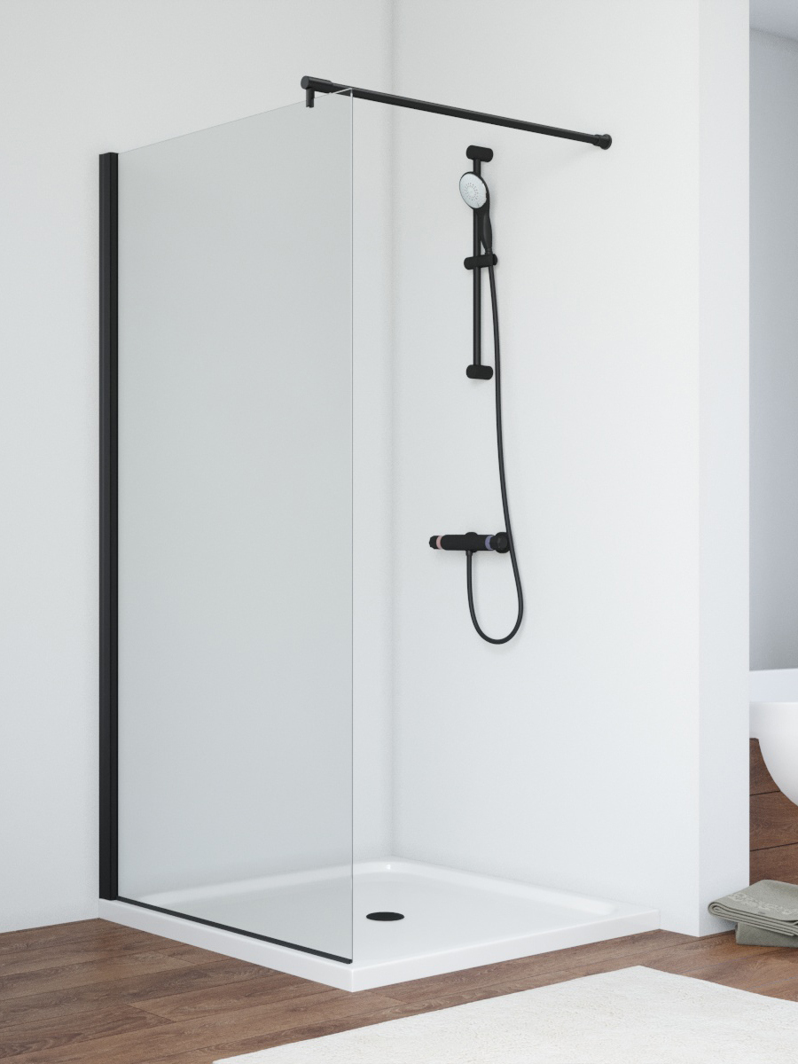 

Душевая перегородка Vegas Glass Eaf Novo h2000 86 02М 01 профиль матовый черный, стекло прозрачное