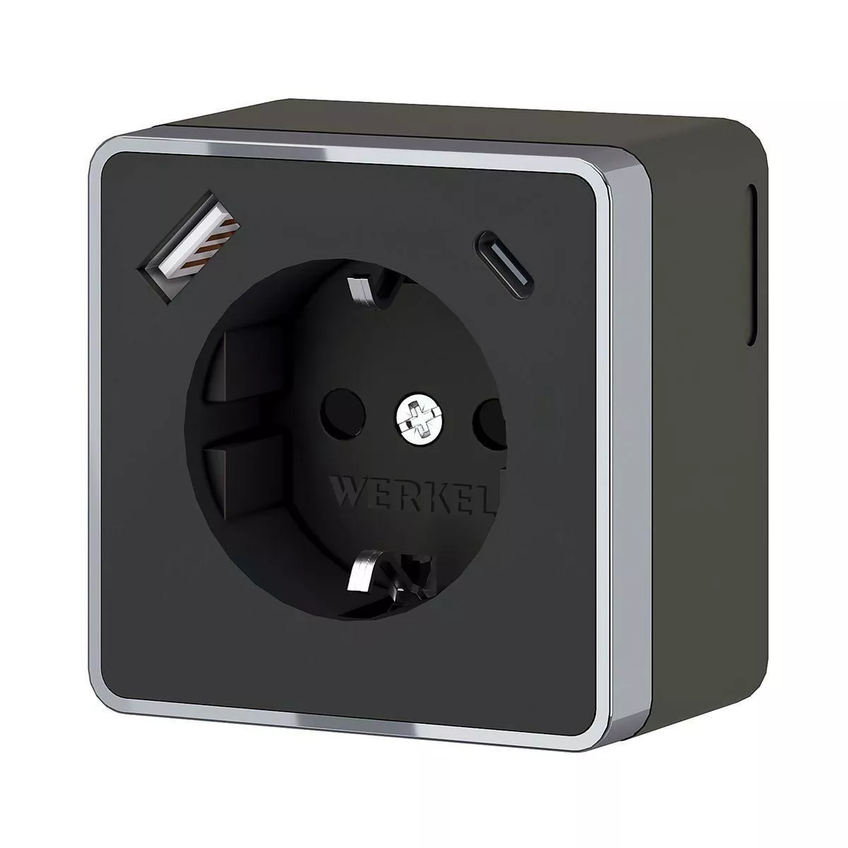

Розетка с заземлением, шторками и USB тип A+C Werkel Gallant чёрный хром W5071735 4690389179655
