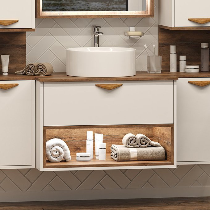 

Тумба с раковиной Brevita Bergen 80 подвесная, с подсветкой, дуб галифакс олово, белый