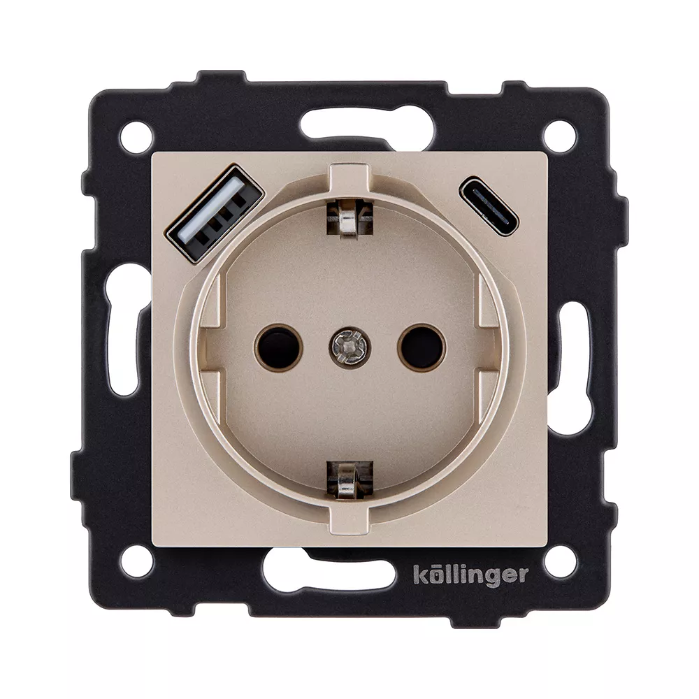 Розетка штепсельная SCHUKO 16A/250 В с USB A+C 20W, золотой Kollinger REA-004GD для Aspekt, Eleganz, Reflex