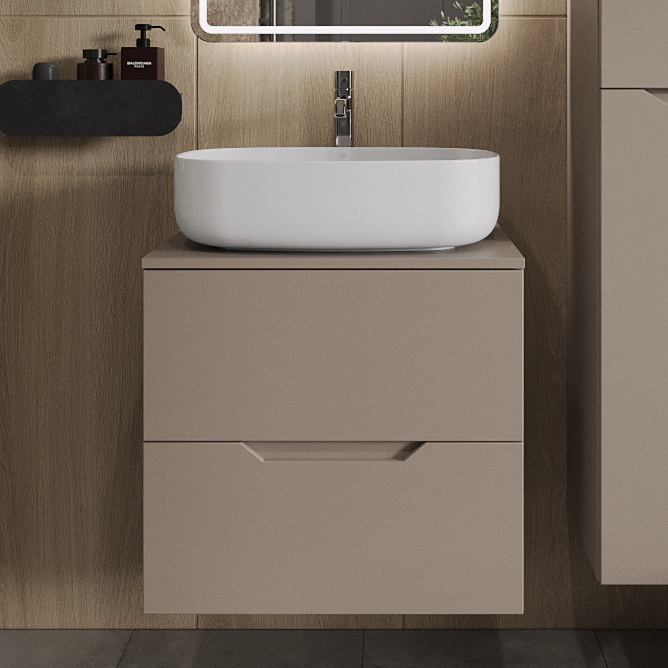 

Тумба с раковиной Orange Line 60 подвесная, 2 ящика, матовый латте с раковиной B07-540W