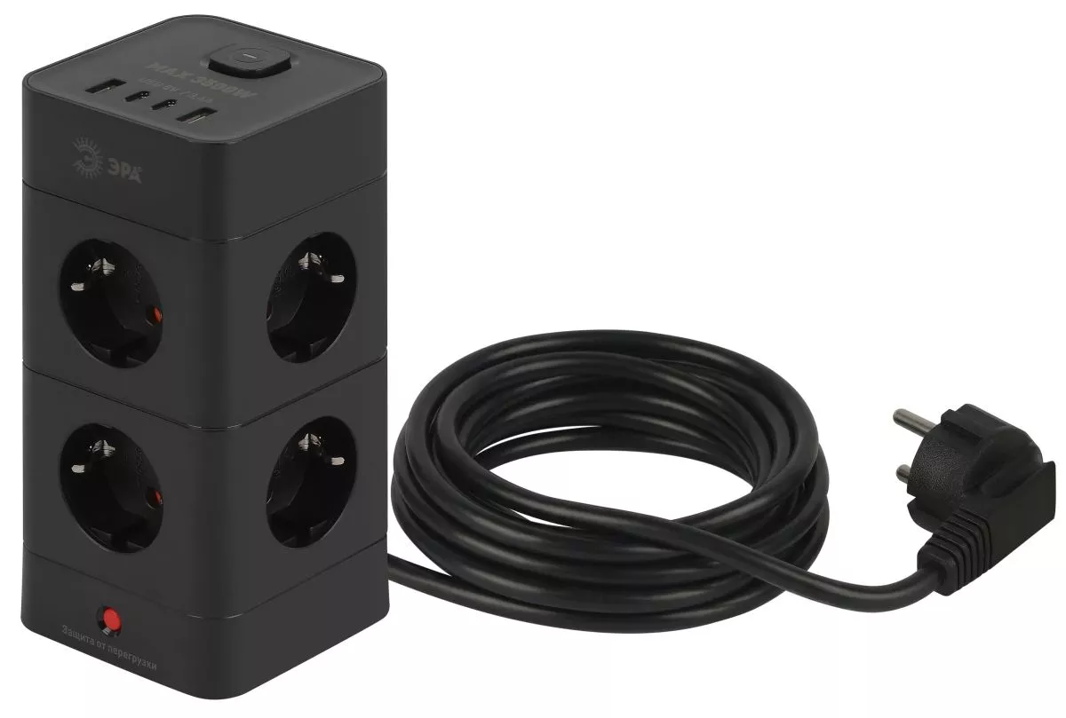 

Сетевой фильтр ЭРА TWR-8es-1,5m-4USB-B башня с защитой заземлением с выключателем 8 розеток+4xUSBA+C 1,5м 16А черный Б0069072