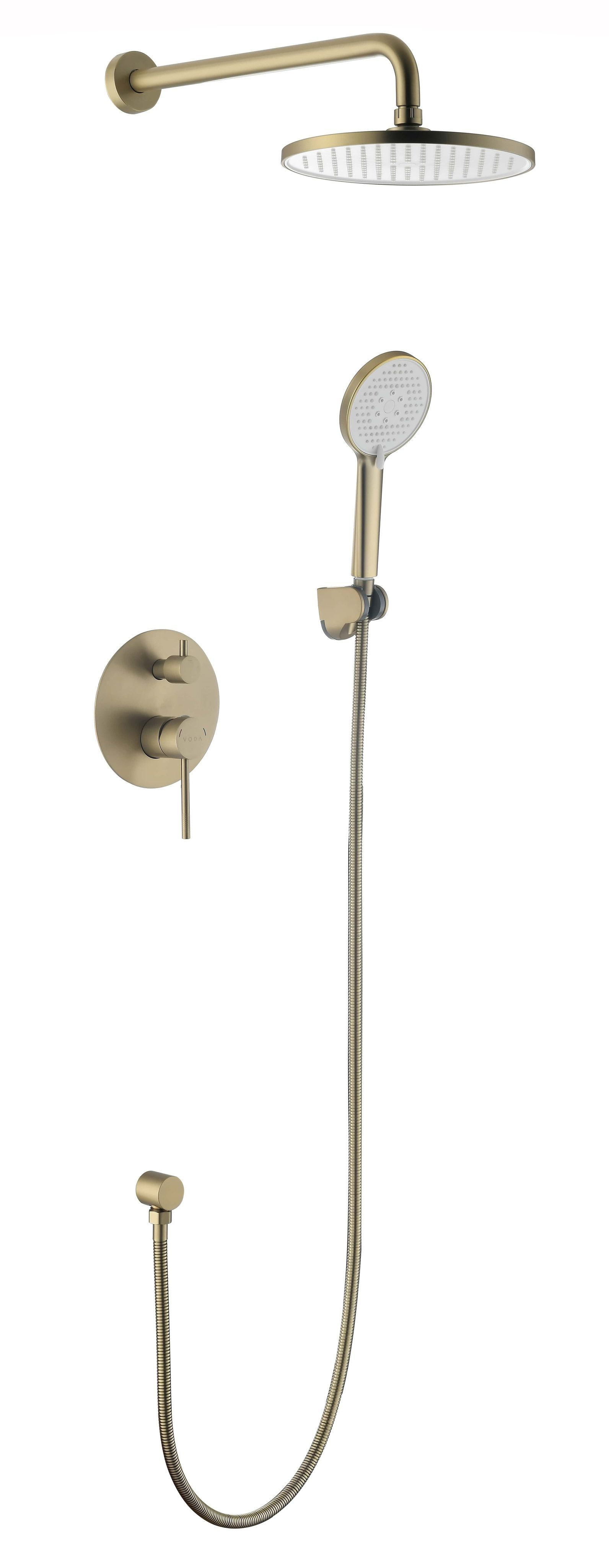 

VODA. Душевая система скрытого монтажа, нержавеющая сталь, лейка три режима и шланг в комплекте, цвет золото, гарантия 7 лет