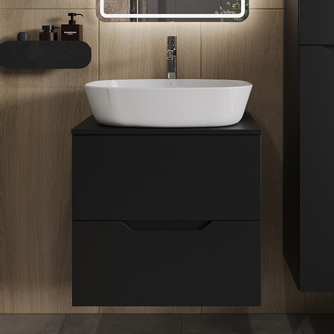 

Тумба с раковиной Orange Line 60 подвесная, 2 ящика, матовая черная с раковиной B08-500W