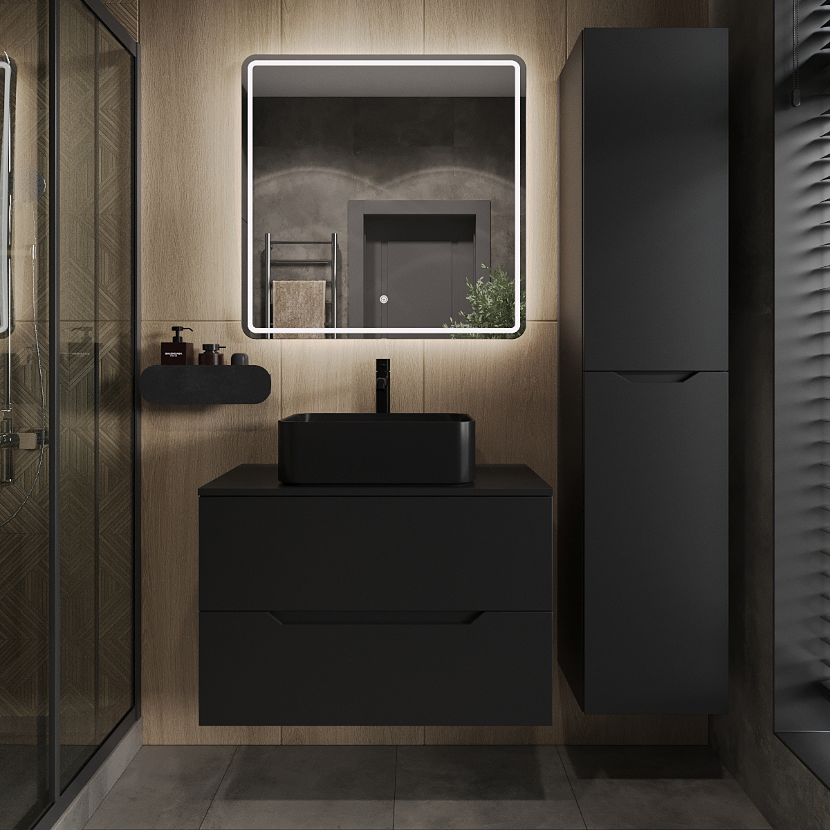 

Мебель для ванной комнаты Orange Line 80 подвесная, 2 ящика, матовая черная с раковиной B02-460MB