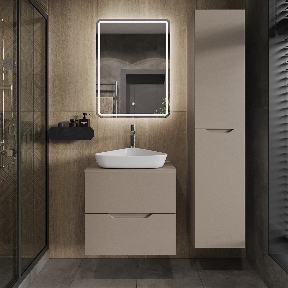 

Мебель для ванной комнаты Orange Line 60 подвесная, 2 ящика, матовый латте с раковиной B07-500W