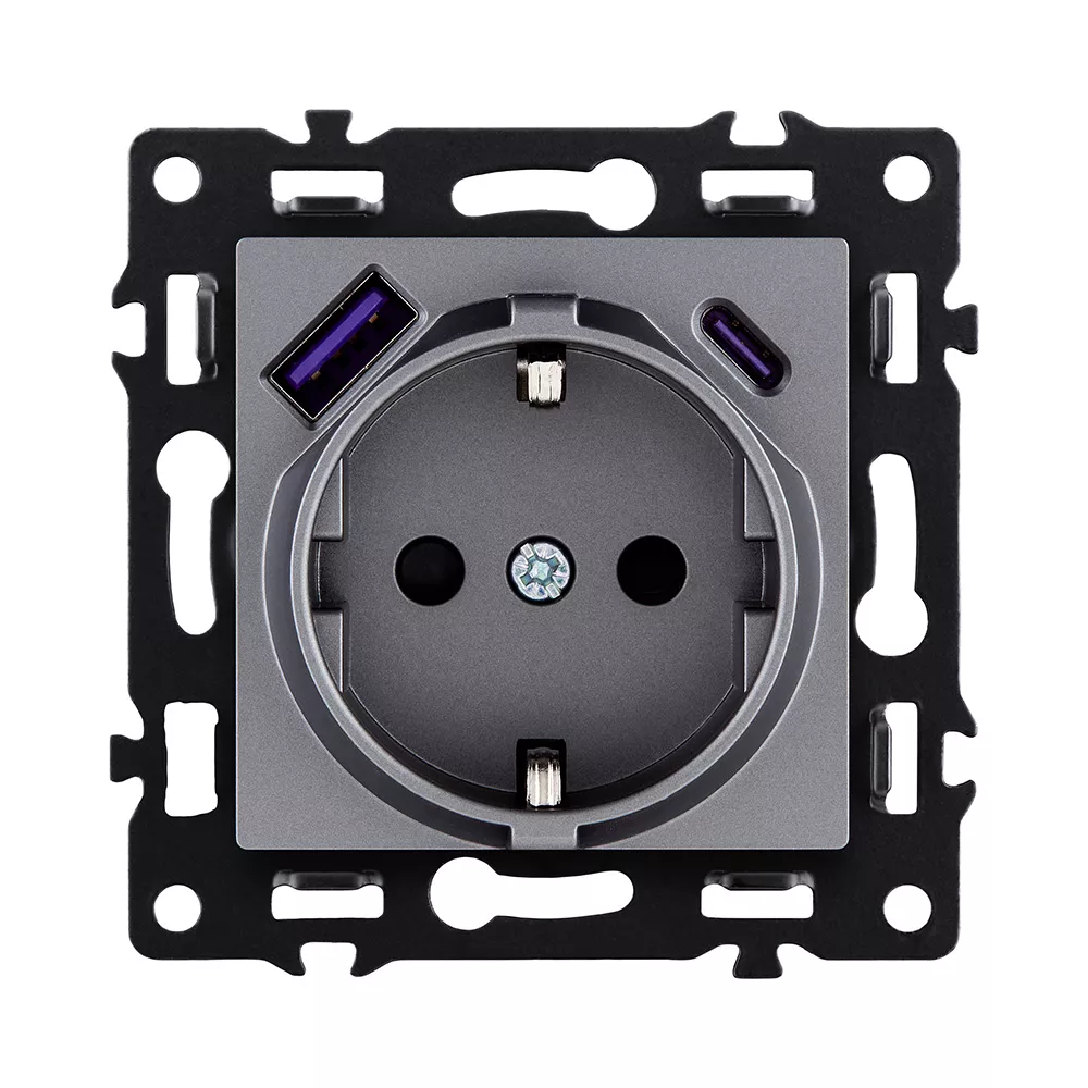 Розетка штепсельная SCHUKO 16A/250 В с USB A+C 20W, серый Kollinger Asthetik AS-016GY
