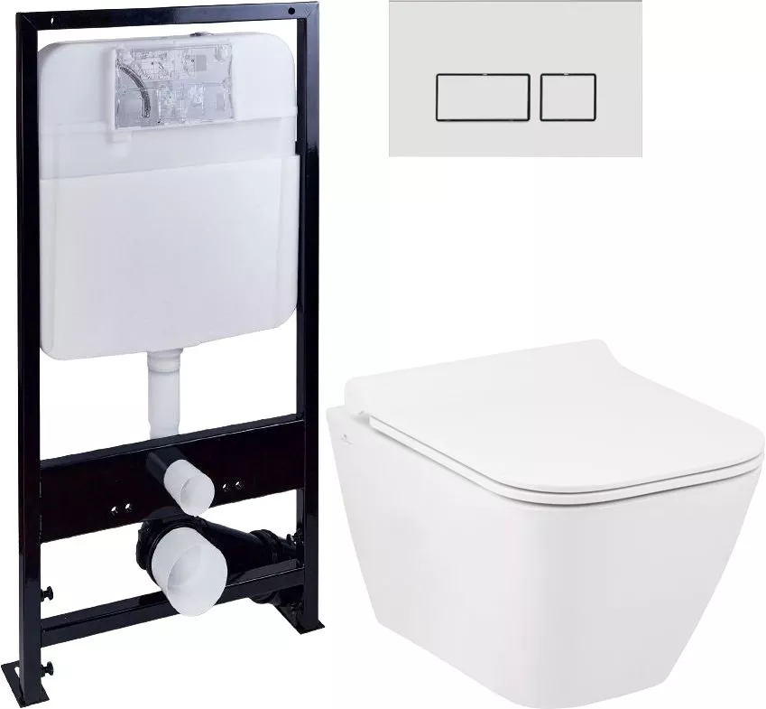 Комплект Унитаз подвесной Seramiksan Saturn Rimout A141151H безободковый, с микролифтом + Инсталляция EWRIKA ProLT 0026-2020 + Кнопка смыва EWRIKA 0042 белая