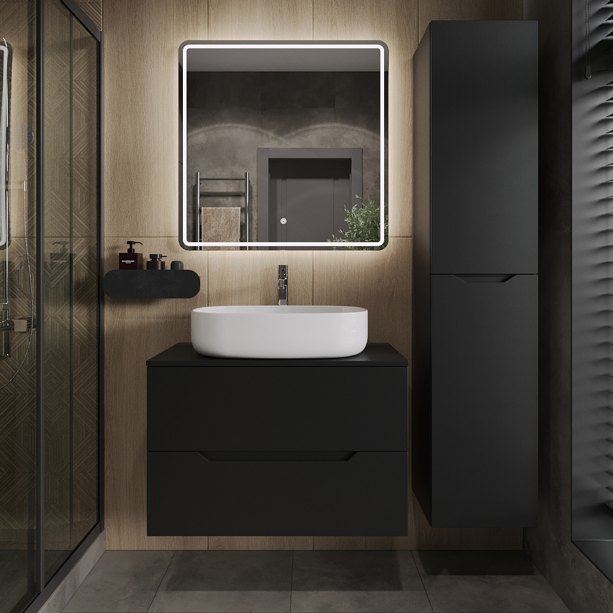 

Мебель для ванной комнаты Orange Line 80 подвесная, 2 ящика, матовая черная с раковиной B04-600W