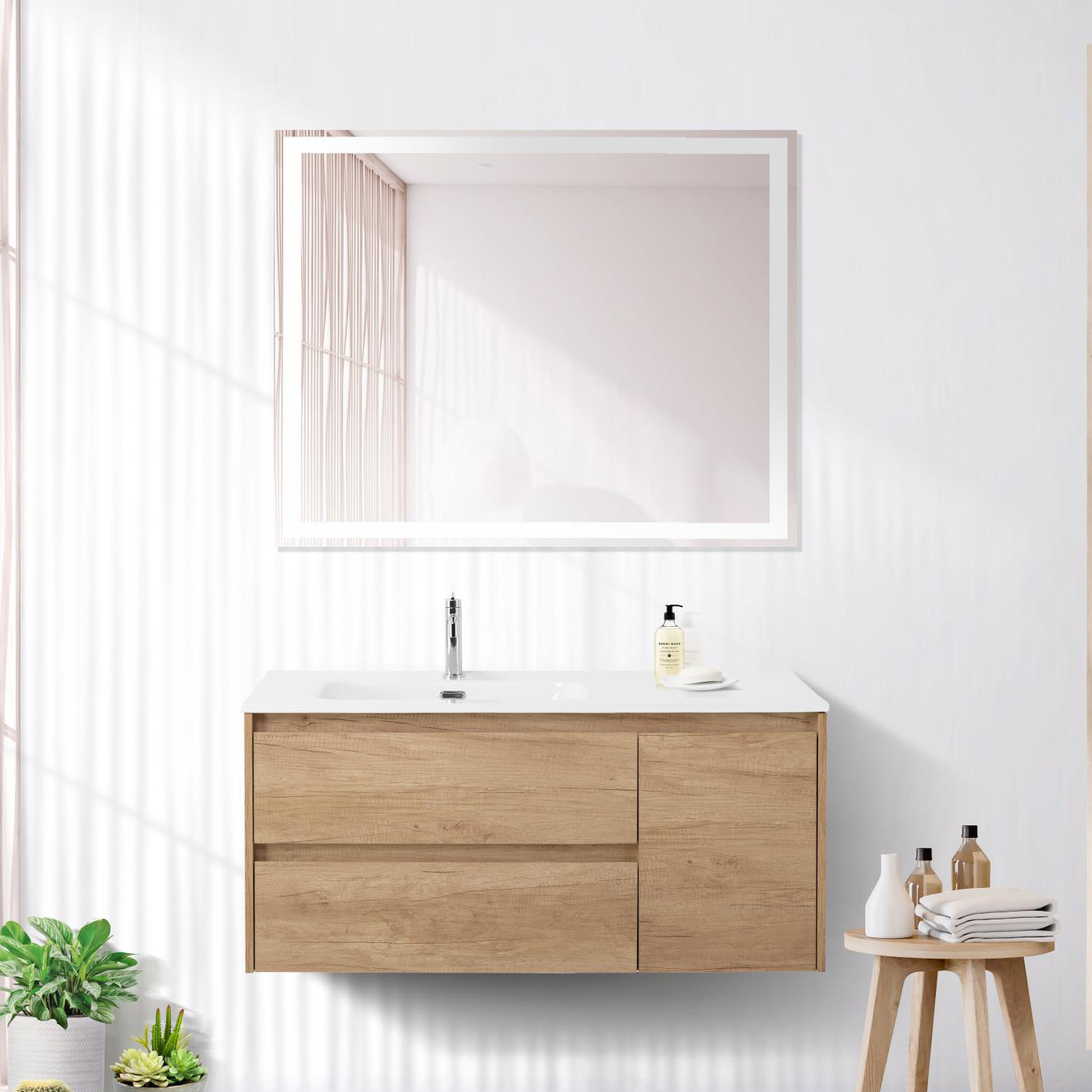 

Мебель для ванной комнаты BelBagno Kraft 100 L, 2 ящика, дверца, rovere nebrasca nature
