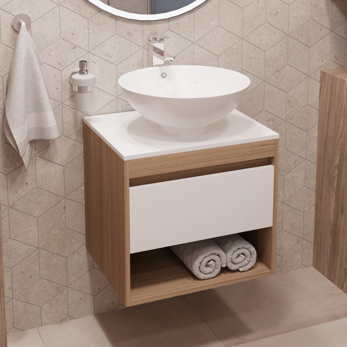 

Тумба с раковиной Teymi Ritta 55 дуб эврика, матовая белая, раковина Lina kuppi D40