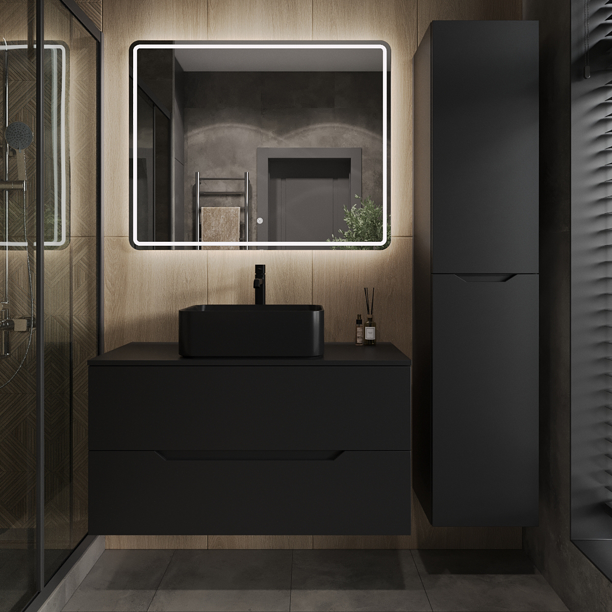 

Мебель для ванной комнаты Orange Line 100 подвесная, 2 ящика, матовая черная с раковиной B02-460MB