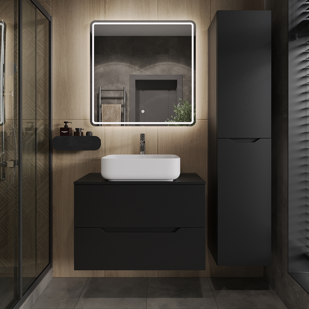 

Мебель для ванной комнаты Orange Line 80 подвесная, 2 ящика, матовая черная с раковиной B05-500W