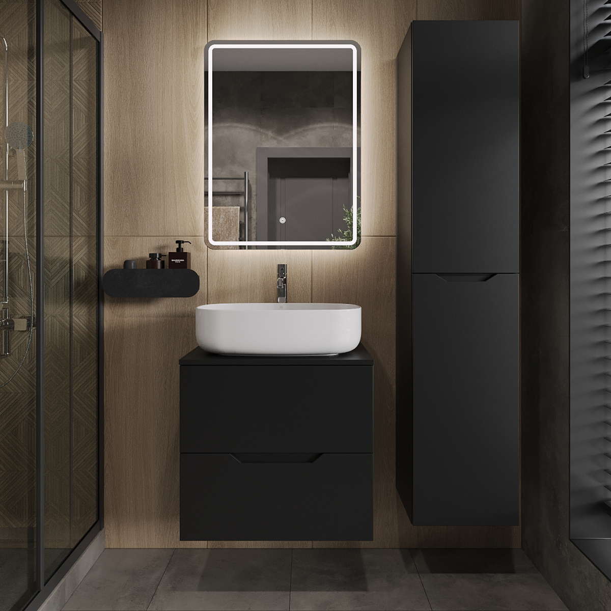 

Мебель для ванной комнаты Orange Line 60 подвесная, 2 ящика, матовая черная с раковиной B07-540W