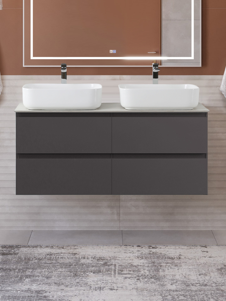 

Тумба с раковиной BelBagno Kraft 120 подвесная, матовая темно-серая, столешница kep-120-2-cem, раковина BB1304, для двоих