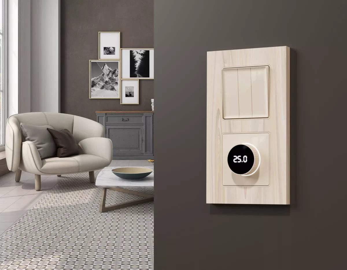 

Комплект механизма терморегулятора с цифровым дисплеем с подсветкой и датчиком для теплого пола Alfa Бежевый глянец Quant Ambrella Volt MA305810 (AP3058, VM1385)