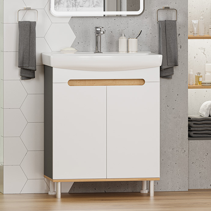 

Тумба под раковину без столешницы Misty Сканди 70 напольная, белая, дуб крафт золотой, антрацит