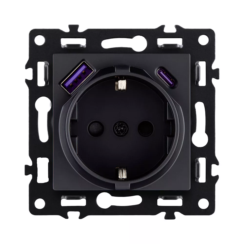 Розетка штепсельная SCHUKO 16A/250 В с USB A+C 20W, черный Kollinger Asthetik AS-016BK