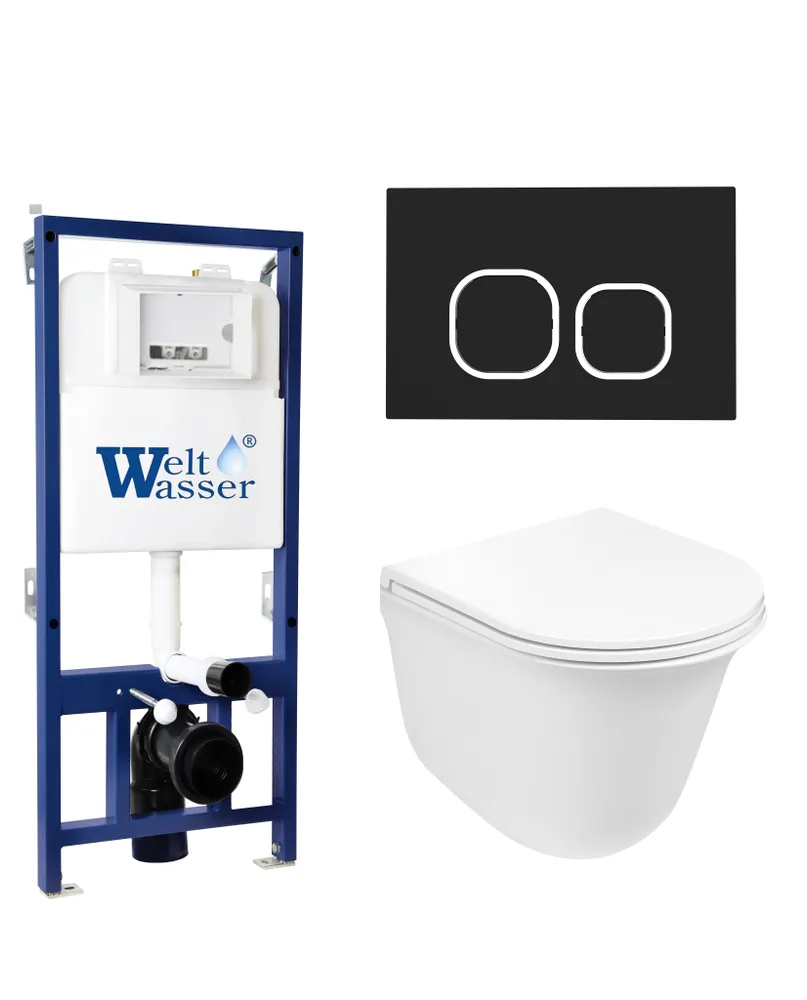 

Комплект унитаза WeltWasser Telbach 004 с инсталляцией BAMBERG 525 белый, с сиденьем микролифт и клавишей смыва BAMBERG BL черный матовый