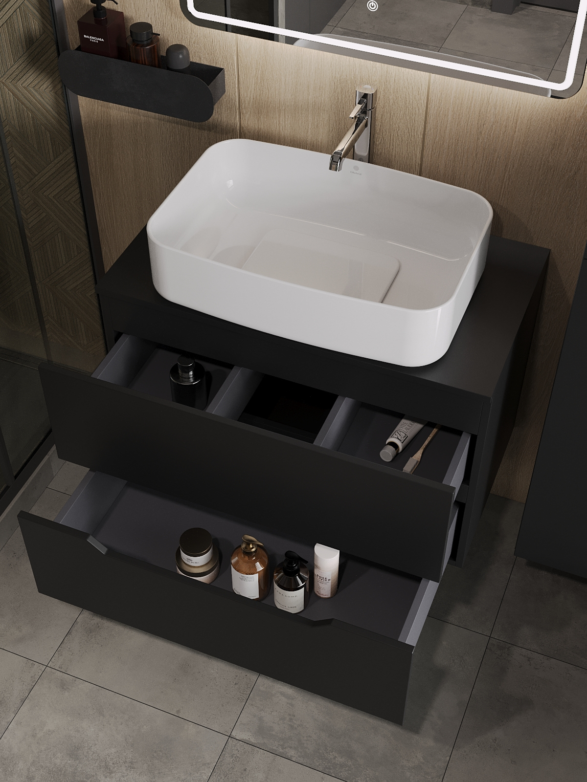 

Тумба с раковиной Orange Line 80 подвесная, 2 ящика, матовая черная с раковиной B07-600W