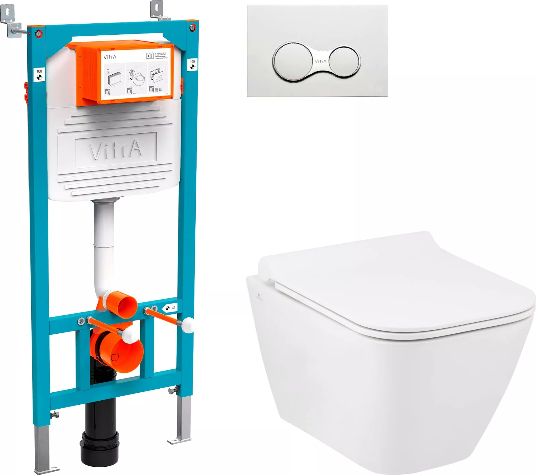Комплект  Унитаз подвесной Seramiksan Saturn Rimout A141151H с микролифтом + Система инсталляции для унитазов VitrA 800-2009 с кнопкой смыва, белая
